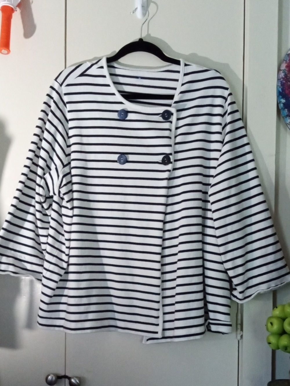 Lands' End Navy and White Striped Double-Breasted Cardigan 3X